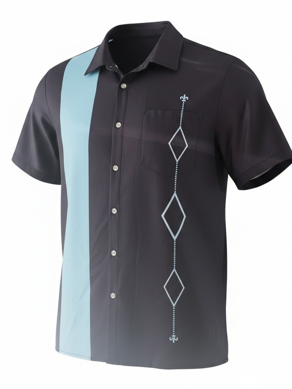 Men's Black Short-Sleeve Button-Down Shirt with Light Blue Stripe